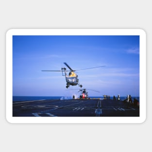 A Westland Wessex helicopter landing on the Royal Navy aircraft carrier HMS Hermes in the 1960s Sticker